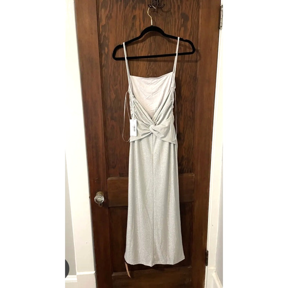 NWT! Reformation L Breslin Stretch Silver Metallic Knit Midi Dress Low Back - Picture 6 of 8